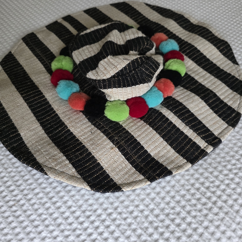 Striped Kids Beret with Colorful Pom Poms